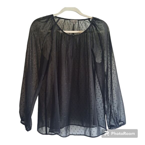 Point Sur Black Sheer Dot Embroidered 3/4 Sleeve Blouse - Picture 1 of 3